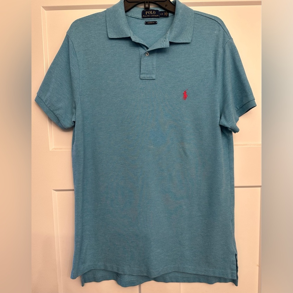Polo Ralph Lauren Mens Large Aqua Custom Fit Collar Polo Shirt Size L
